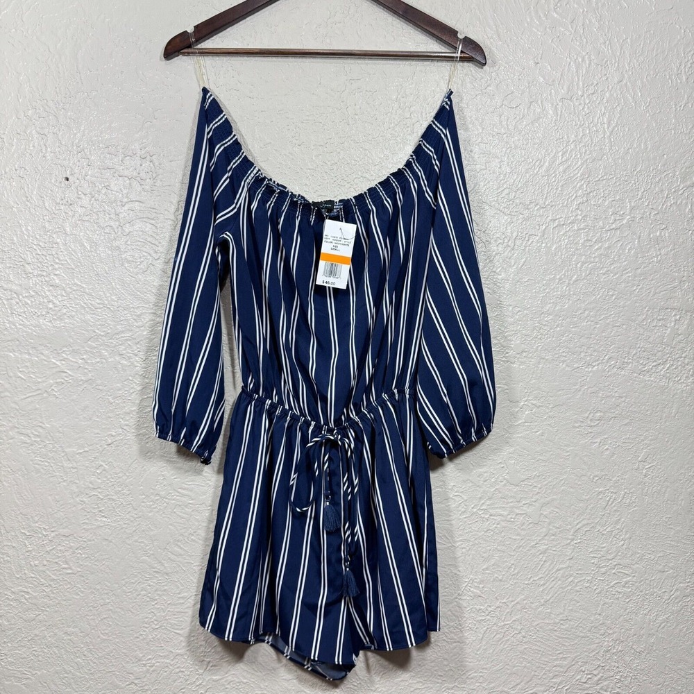Soprano Romper Sm Off Shoulder Navy‎ Striped Belted Festival Preppy Cowgirl New